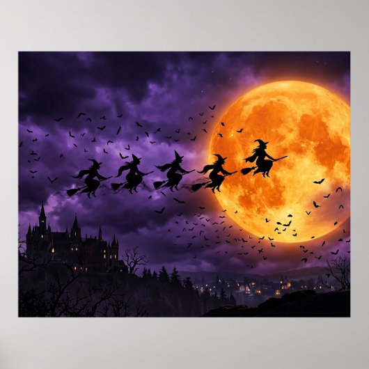 Halloween met Maan en Heks Poster (Voorkant)
