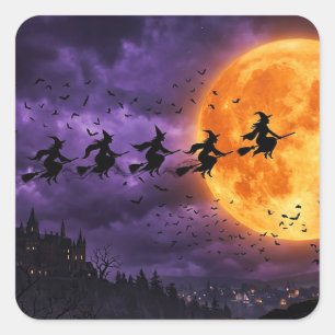 Halloween met Maan en Heks Vierkante Sticker
