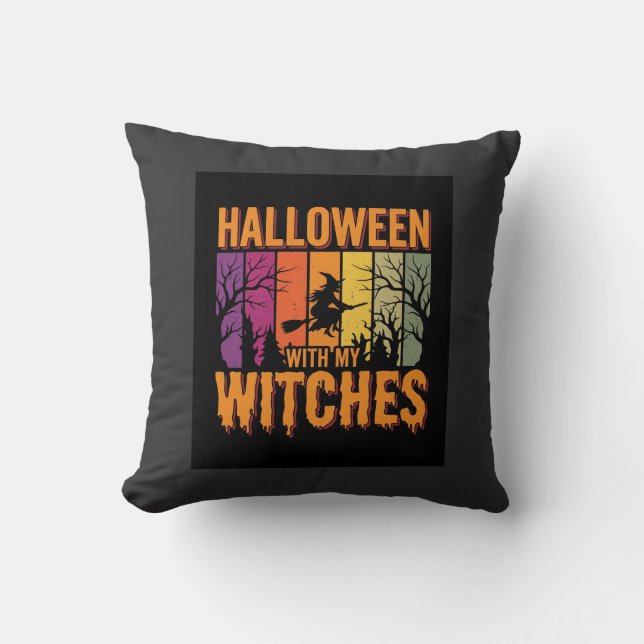 Halloween Met Mijn Heksen Retro Zonsondergang Kussen (Voorkant)