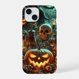 Halloween met pompoen, drank en schedels iPhone 15 case