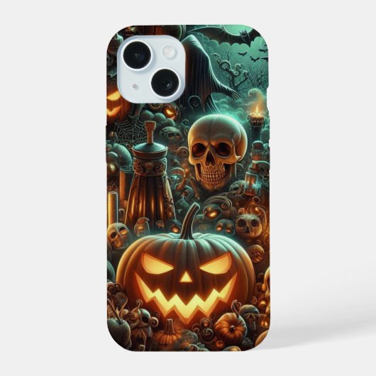 Halloween met pompoen, drank en schedels iPhone 15 case (Achterkant)