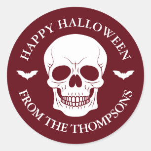 Halloween met rode schedel en vleermuizen in burgu ronde sticker