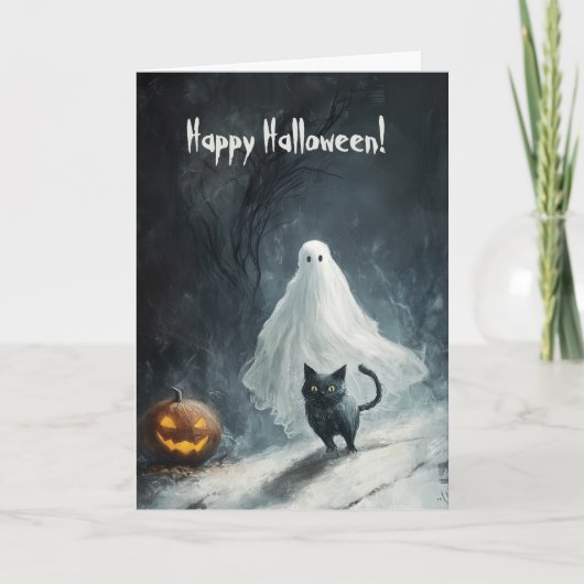 Halloween met spook en kat bedankkaart (Voorkant)