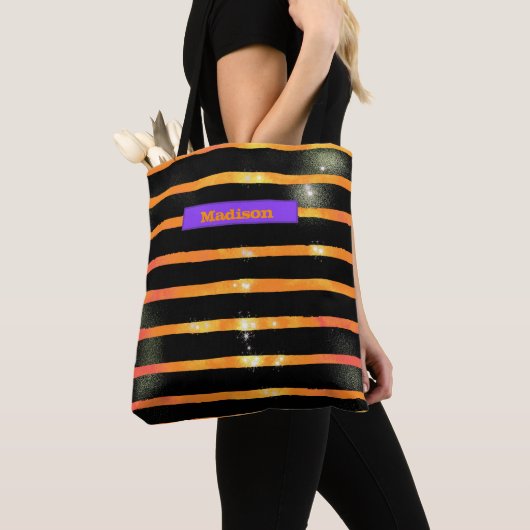 Halloween Metallic Stripe Persoonlijke Trick Treat Tote Bag (Dichtbij)