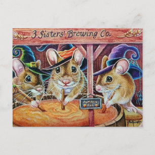 Halloween Mice Brewing Pumpkin Ale Waterverf Art Briefkaart