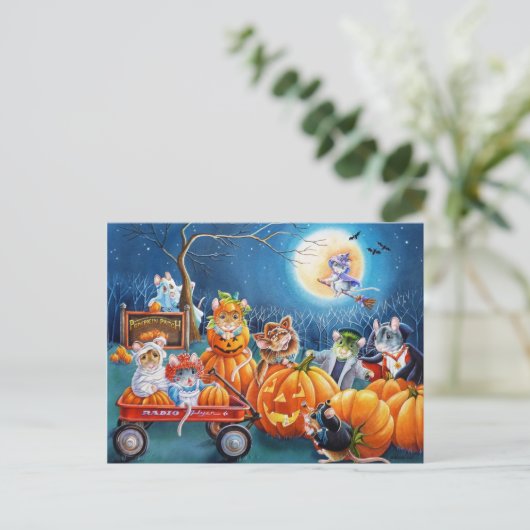 Halloween Mice in Pumpkin Patch Waterverf Art Briefkaart (Staand voorkant)