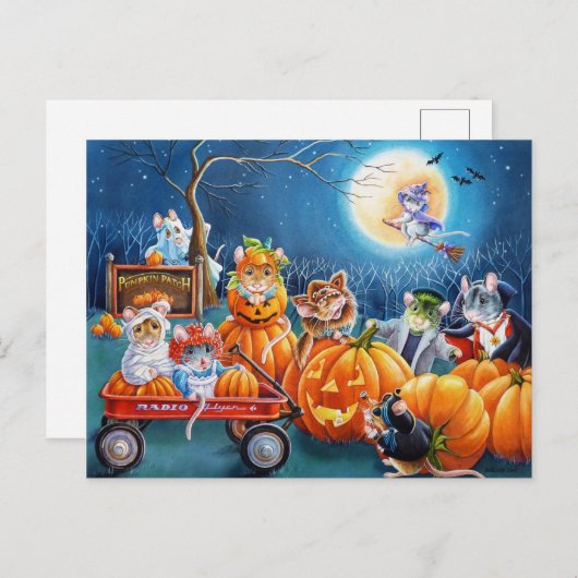 Halloween Mice in Pumpkin Patch Waterverf Art Briefkaart (Voorkant / Achterkant)