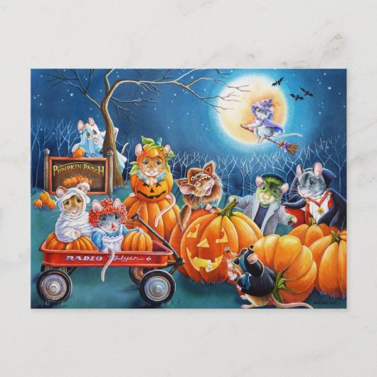 Halloween Mice in Pumpkin Patch Waterverf Art Briefkaart (Voorkant)