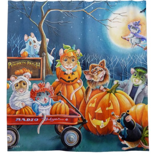 Halloween Mice in Pumpkin Patch Waterverf Art Douchegordijn (Voorkant)