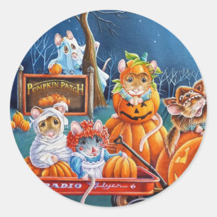 Halloween Mice in Pumpkin Patch Waterverf Art Ronde Sticker