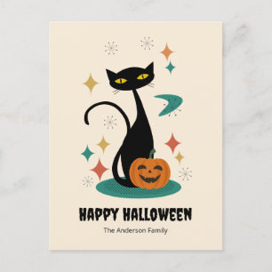 Halloween Mid Century Black Cat Feestdagenkaart