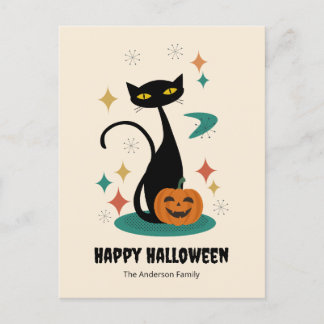 Halloween Mid Century Black Cat Feestdagenkaart