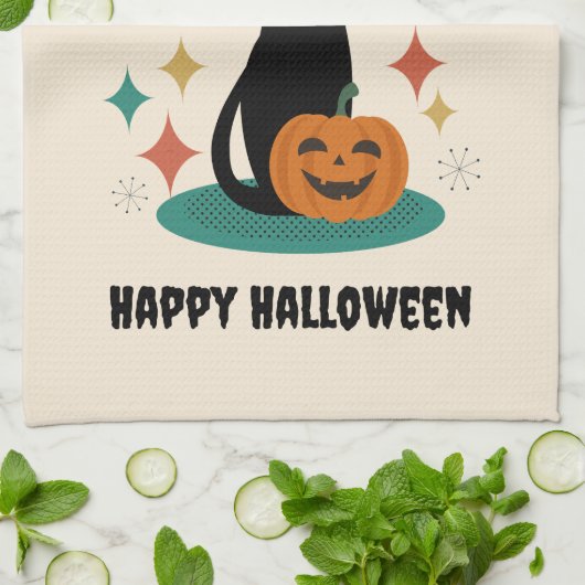 Halloween Mid Century Black Cat Theedoek (Gevouwen)