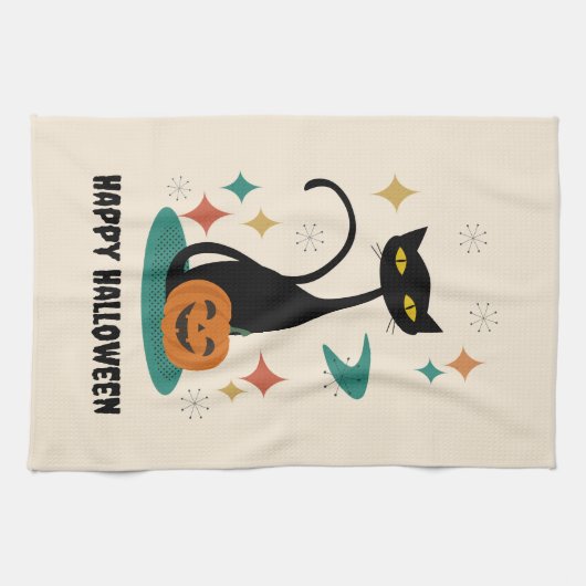 Halloween Mid Century Black Cat Theedoek (Horizontaal)