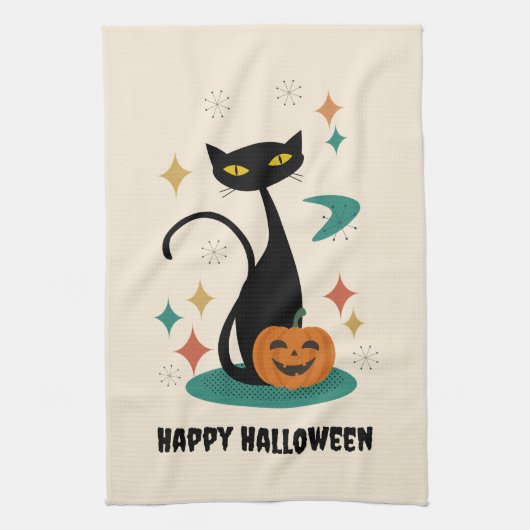 Halloween Mid Century Black Cat Theedoek (Verticaal)