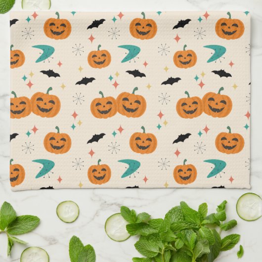 Halloween Mid Century Pumpkins Patroon Theedoek (Gevouwen)
