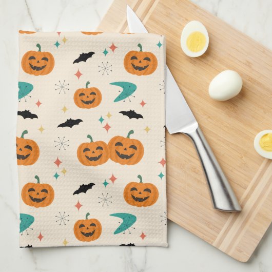 Halloween Mid Century Pumpkins Patroon Theedoek (Quarter Fold)
