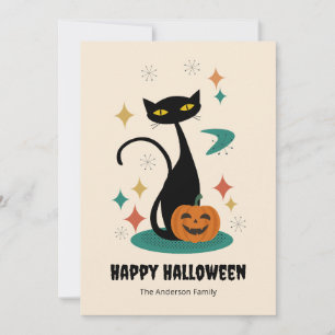 Halloween Mid Century Zwarte Kat Feestdagenkaart