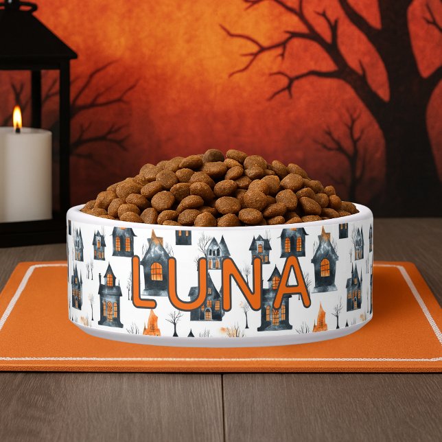 Halloween Miniature Haunted Houses Custom Name Dog Voerbakje (Halloween Miniature Haunted Houses Custom Name Dog Bowl
)