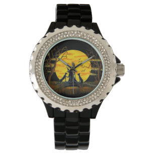 Halloween, mode, horloge, heks, zwart, katten, vle horloge