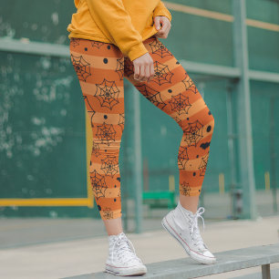 Halloween Modern Oranje Black Bat Spider Web Leggings