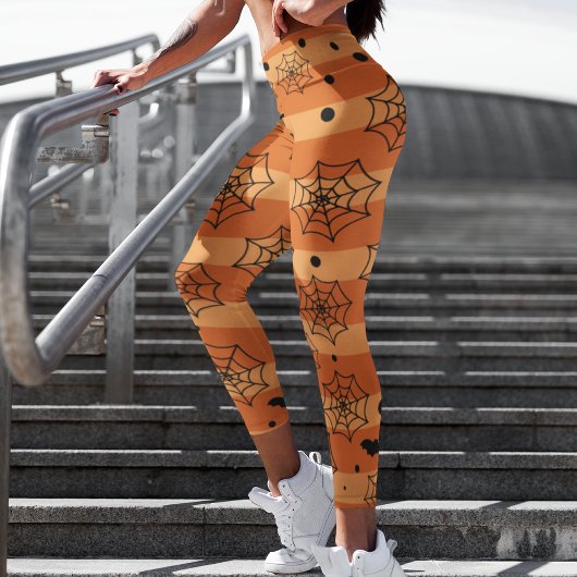 Halloween Modern Oranje Black Bat Spider Web Leggings