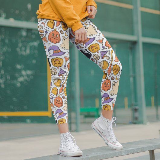 Halloween Modern Spooky Black Cat Pumpkins Witch Leggings