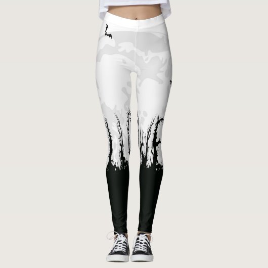 Halloween Modern Spooky Black White Moon Bat Trees Leggings (Voorkant)