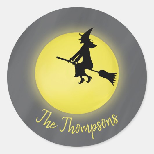 Halloween Modern Whimsical Witch Broomstick Ronde Sticker (Voorkant)