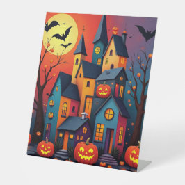 Halloween moderne kunst kasteel en pompoenen reclamebord met voetstuk