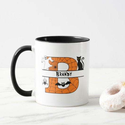 Halloween Monogram B Jouw naam toevoegen Mok (Met donut)