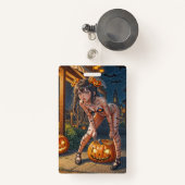 Halloween Monster Jack-o-Lantern & Bat Vixen Girl Badge (Voorkant met intrekbare)