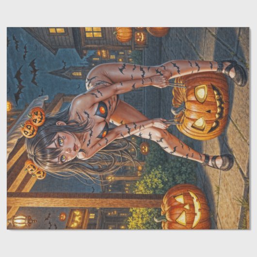 Halloween Monster Jack-o-Lantern & Bat Vixen Girl Cadeaupapier (Vlak)