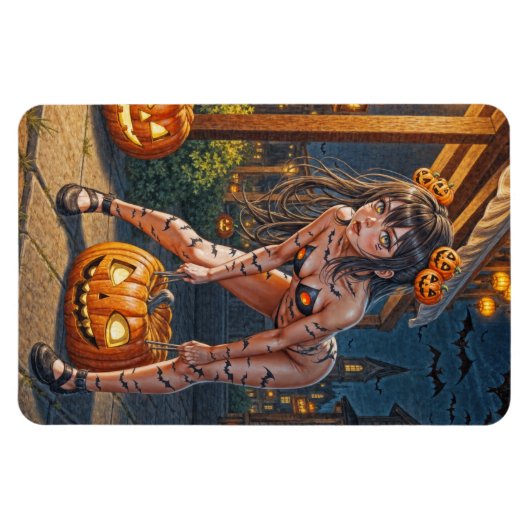 Halloween Monster Jack-o-Lantern & Bat Vixen Girl Magneet (Horizontaal)