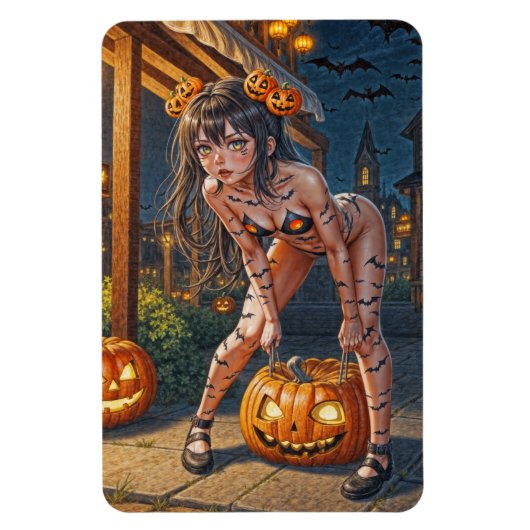 Halloween Monster Jack-o-Lantern & Bat Vixen Girl Magneet (Verticaal)