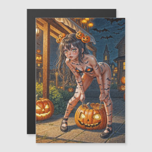 Halloween Monster Jack-o-Lantern & Bat Vixen Girl Magnetische Uitnodiging