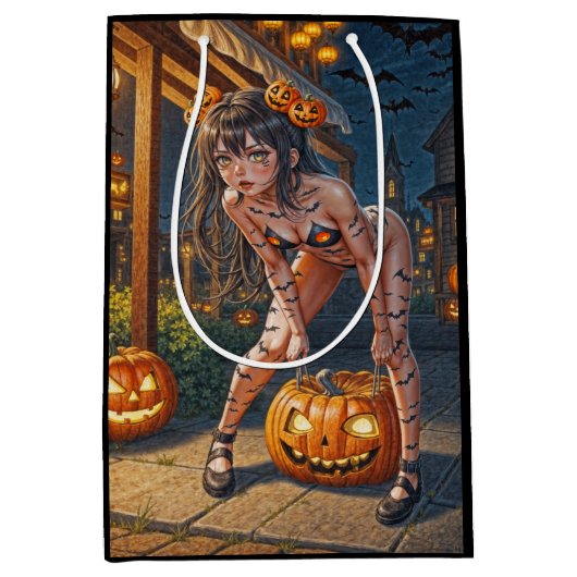 Halloween Monster Jack-o-Lantern & Bat Vixen Girl Medium Cadeauzakje (Voorkant)