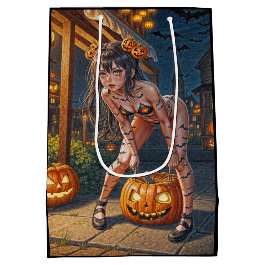 Halloween Monster Jack-o-Lantern & Bat Vixen Girl Medium Cadeauzakje (Achterkant)