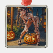 Halloween Monster Jack-o-Lantern & Bat Vixen Girl Metalen Ornament (Voorkant)