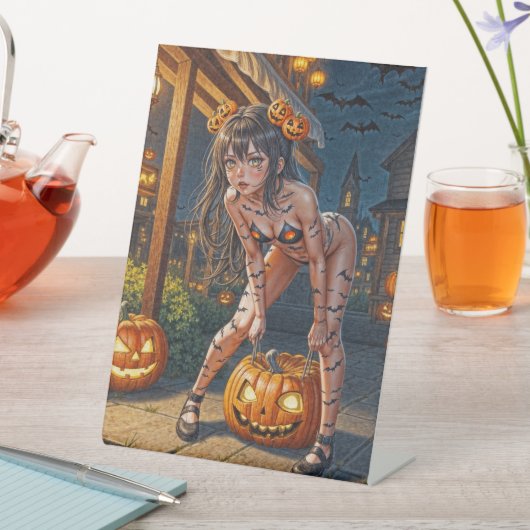 Halloween Monster Jack-o-Lantern & Bat Vixen Girl Reclamebord Met Voetstuk (Insitu)