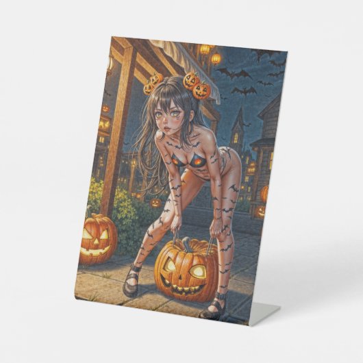Halloween Monster Jack-o-Lantern & Bat Vixen Girl Reclamebord Met Voetstuk (Voorkant)