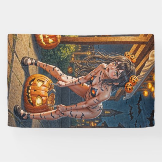Halloween Monster Jack-o-Lantern & Bat Vixen Girl Spandoek (Horizontaal)