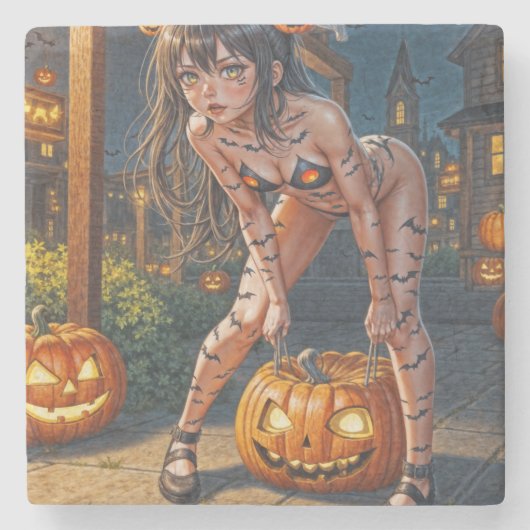 Halloween Monster Jack-o-Lantern & Bat Vixen Girl Stenen Onderzetter (Voorkant)
