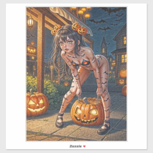 Halloween Monster Jack-o-Lantern & Bat Vixen Girl Sticker (Vel)