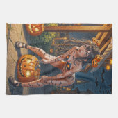 Halloween Monster Jack-o-Lantern & Bat Vixen Girl Theedoek (Horizontaal)