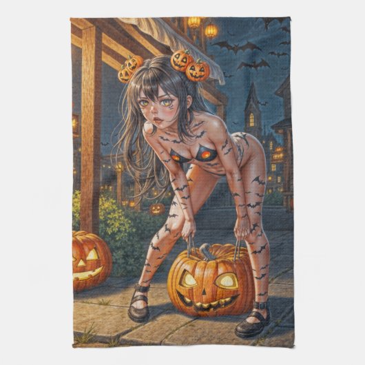 Halloween Monster Jack-o-Lantern & Bat Vixen Girl Theedoek (Verticaal)