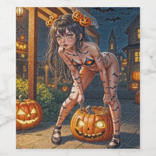 Halloween Monster Jack-o-Lantern & Bat Vixen Girl Wijn Etiket (Enkel label)