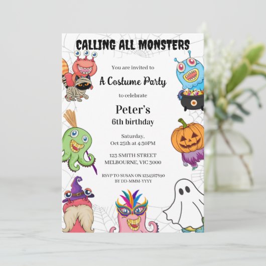 Halloween Monster Verjaardag Kostuumfeest Kaart (Staand voorkant)