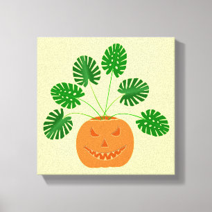 Halloween Monstera Plant in Pumpkin Canvas Afdruk