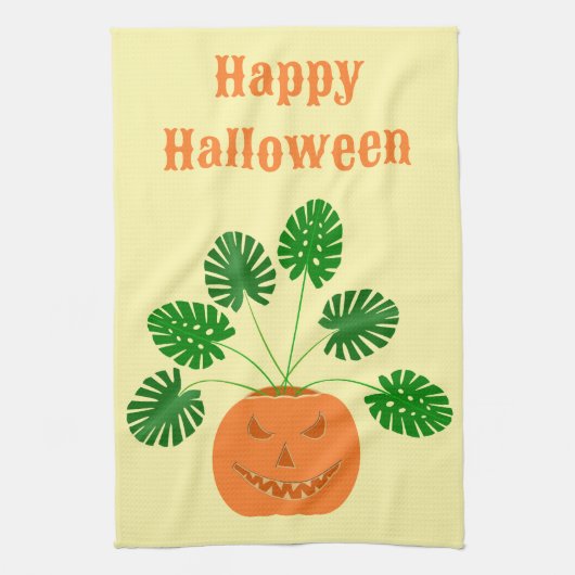 Halloween Monstera Plant in Pumpkin Custom Theedoek (Verticaal)